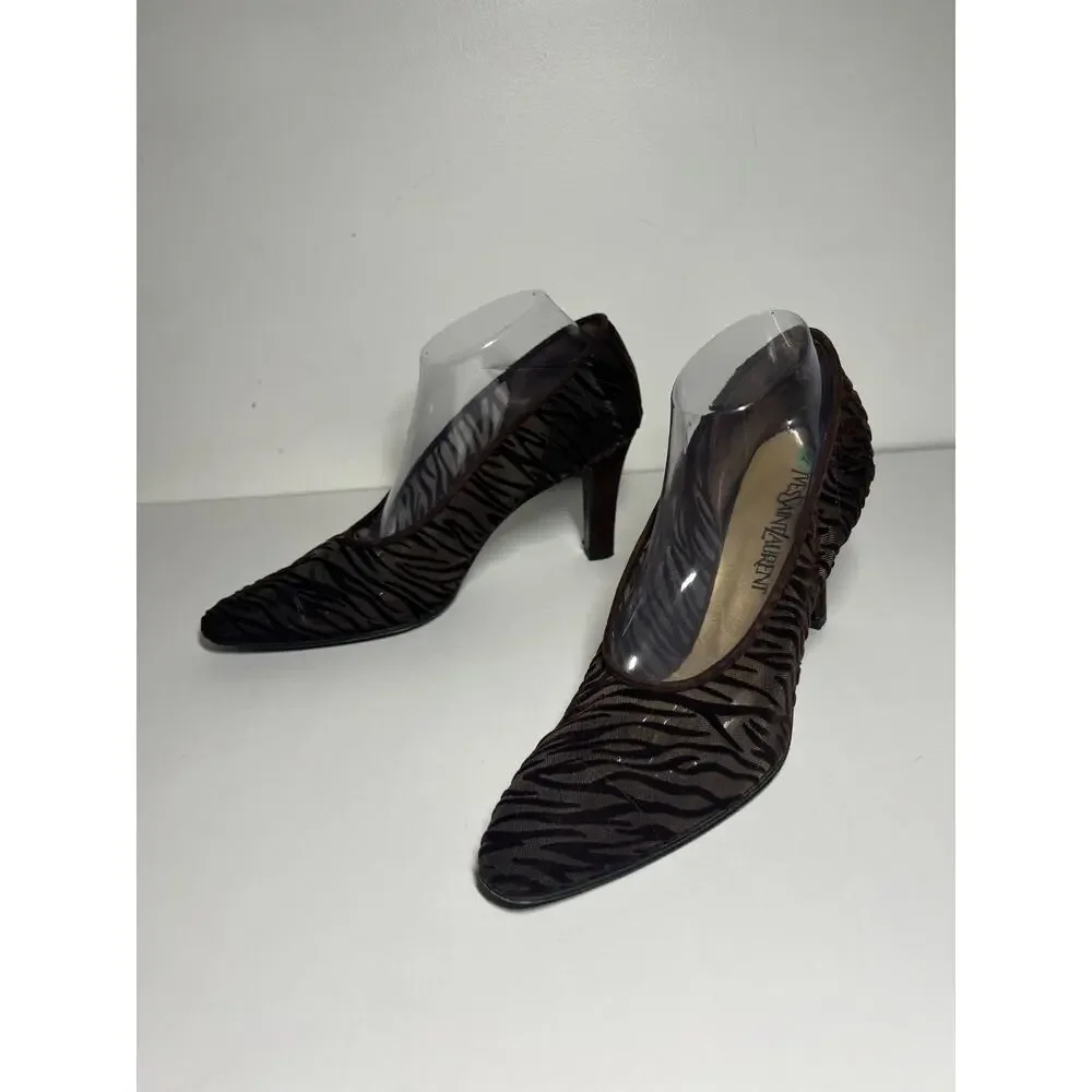 YSL Yves Saint Laurent Brown Velvet Zebra Burnout 3.5" Heel Pump Shoe Size 10 - Picture 3 of 8